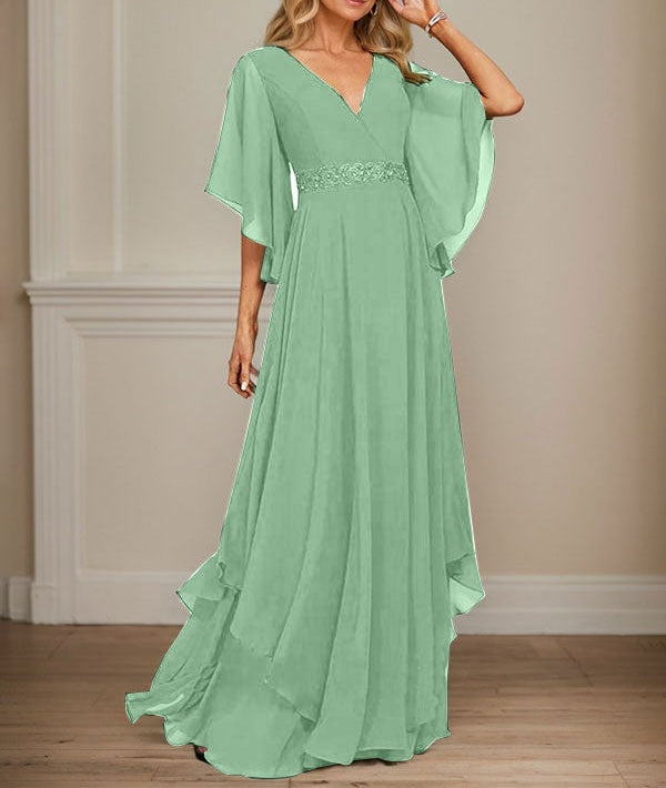A-line V-Neck Floor-Length Chiffon Mother of the Bride Dress With Sequins Appliques Lace Beading