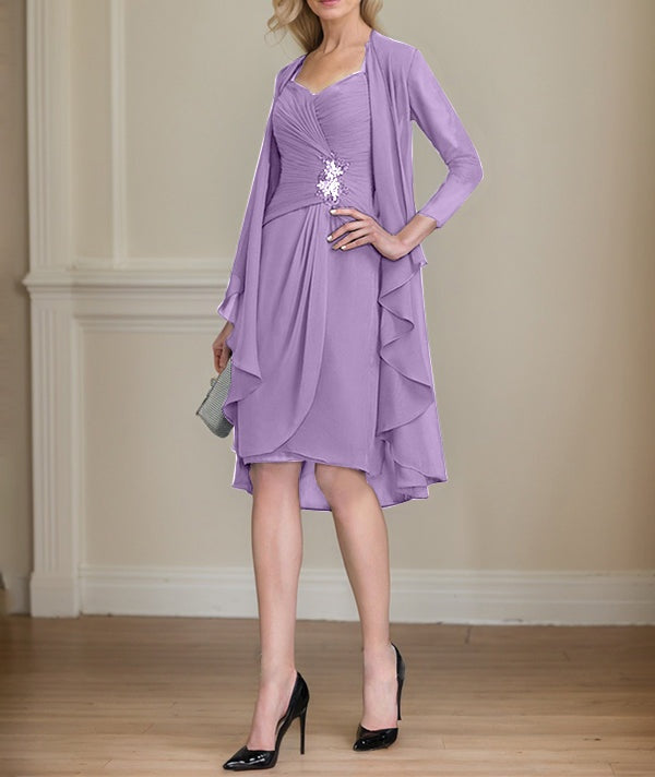 Sheath/Column Sweetheart Knee-Length Chiffon Mother of the Bride Dress With Beading Appliques Lace Sequins Pleated