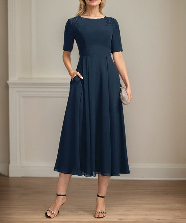 A-line Scoop Tea-Length Chiffon Mother of the Bride Dress With Appliques Lace Sequins