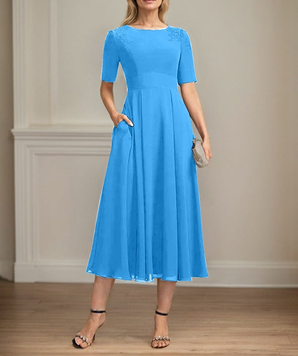 A-line Scoop Tea-Length Chiffon Mother of the Bride Dress With Appliques Lace Sequins