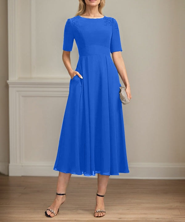 A-line Scoop Tea-Length Chiffon Mother of the Bride Dress With Appliques Lace Sequins
