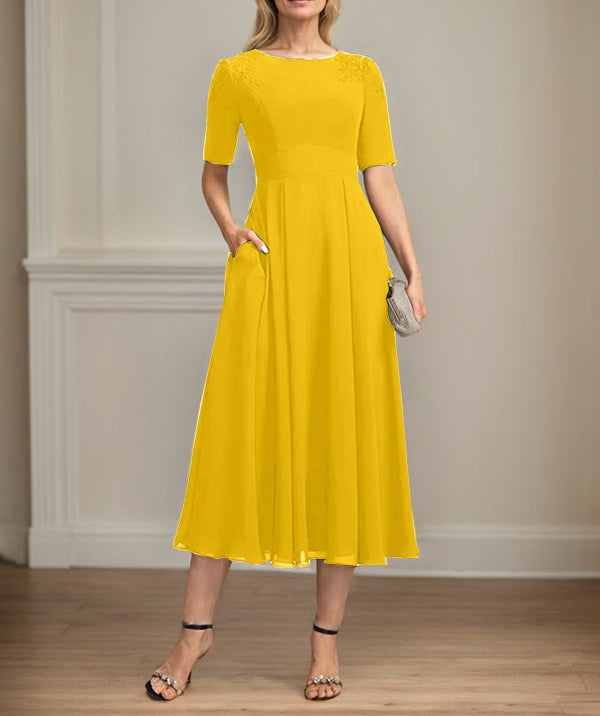 A-line Scoop Tea-Length Chiffon Mother of the Bride Dress With Appliques Lace Sequins