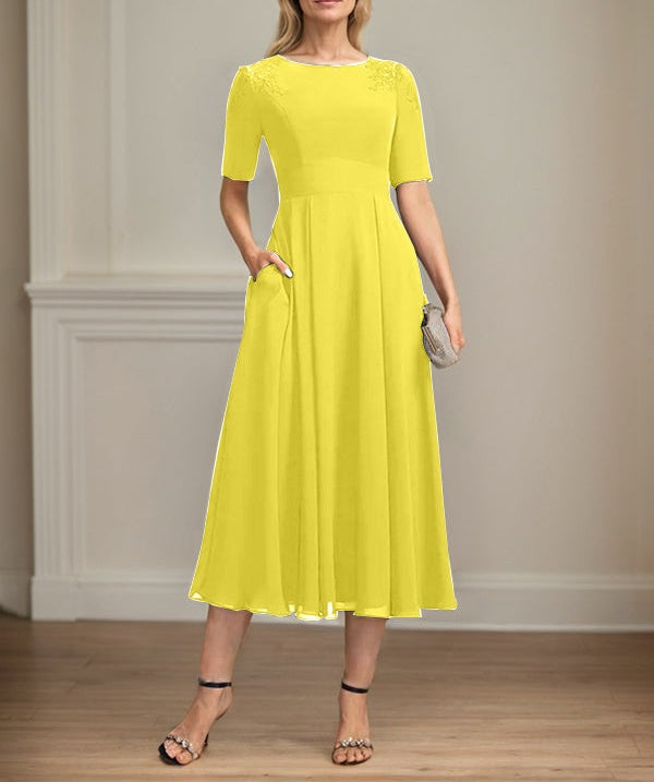 A-line Scoop Tea-Length Chiffon Mother of the Bride Dress With Appliques Lace Sequins