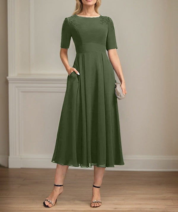 A-line Scoop Tea-Length Chiffon Mother of the Bride Dress With Appliques Lace Sequins