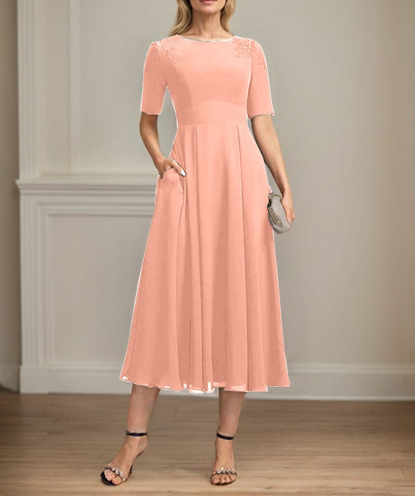 A-line Scoop Tea-Length Chiffon Mother of the Bride Dress With Appliques Lace Sequins