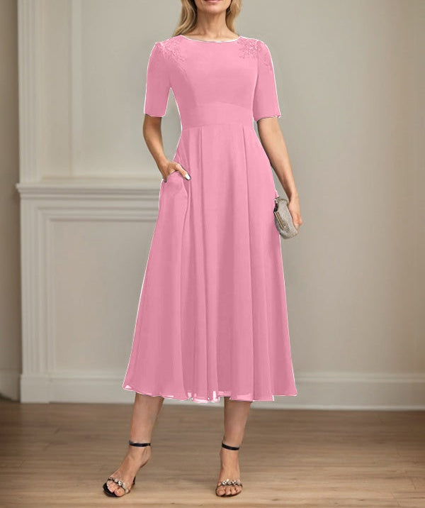 A-line Scoop Tea-Length Chiffon Mother of the Bride Dress With Appliques Lace Sequins