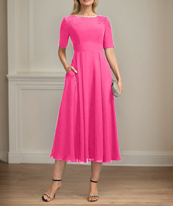 A-line Scoop Tea-Length Chiffon Mother of the Bride Dress With Appliques Lace Sequins