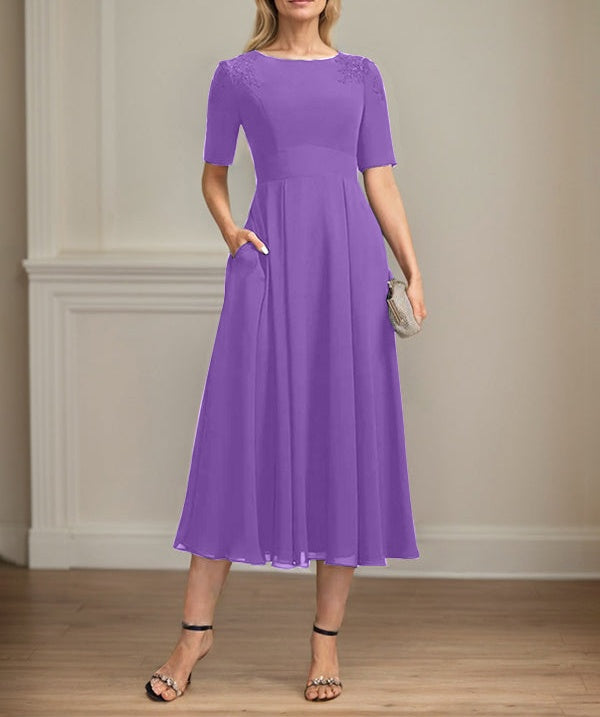 A-line Scoop Tea-Length Chiffon Mother of the Bride Dress With Appliques Lace Sequins