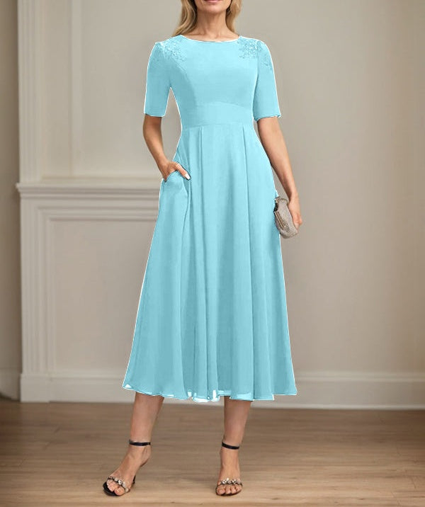 A-line Scoop Tea-Length Chiffon Mother of the Bride Dress With Appliques Lace Sequins
