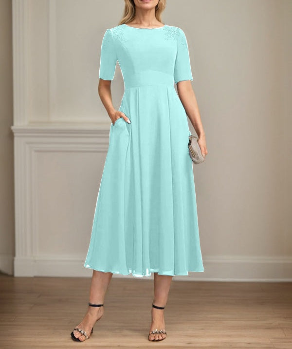 A-line Scoop Tea-Length Chiffon Mother of the Bride Dress With Appliques Lace Sequins