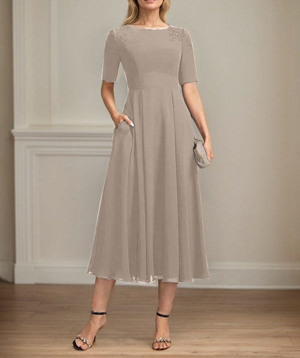 A-line Scoop Tea-Length Chiffon Mother of the Bride Dress With Appliques Lace Sequins