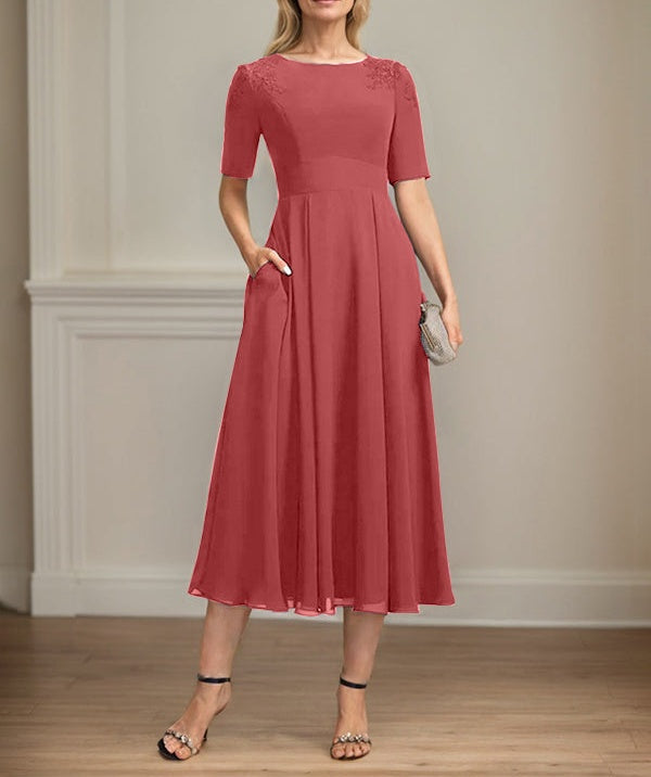 A-line Scoop Tea-Length Chiffon Mother of the Bride Dress With Appliques Lace Sequins