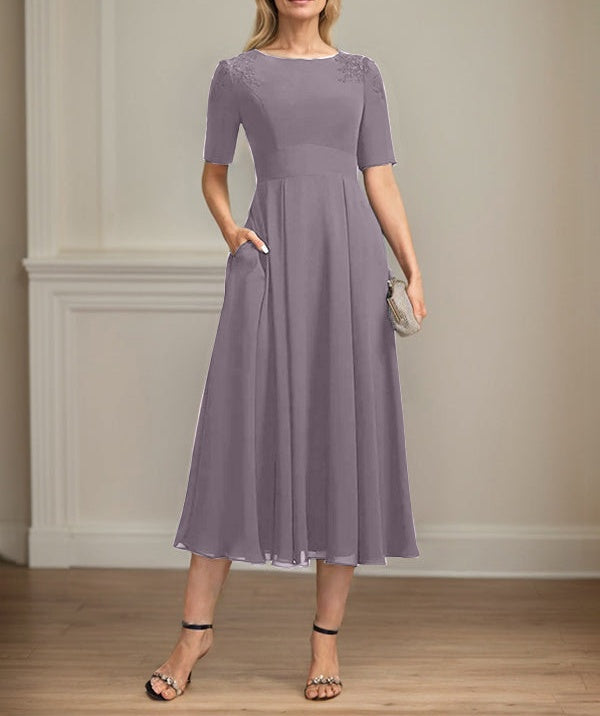 A-line Scoop Tea-Length Chiffon Mother of the Bride Dress With Appliques Lace Sequins