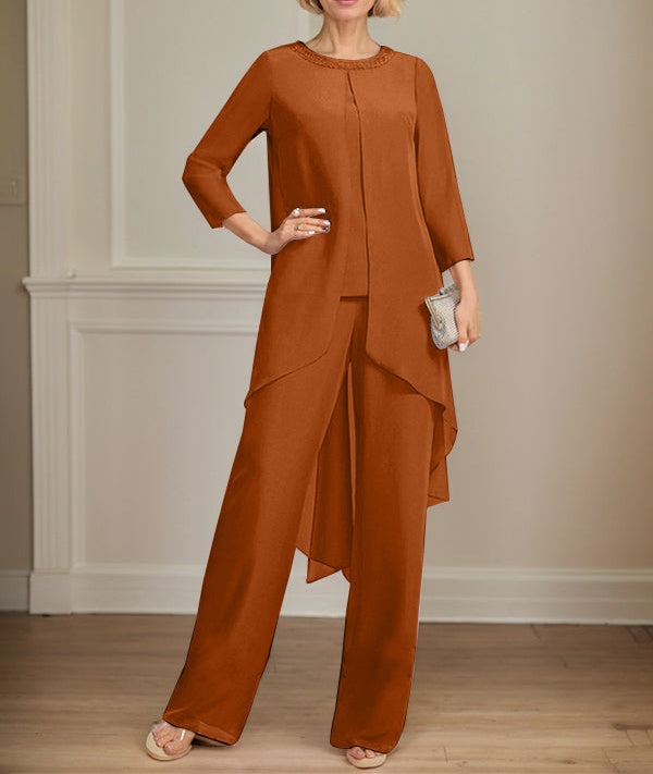 Separates Jumpsuit/Pantsuit Scoop Floor-Length Chiffon Mother of the Bride Dress With Sequins Beading