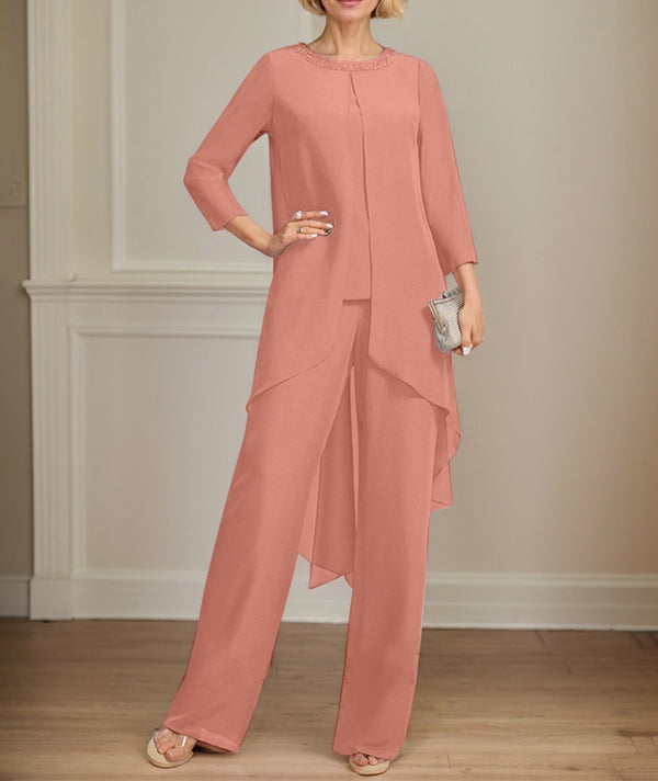 Separates Jumpsuit/Pantsuit Scoop Floor-Length Chiffon Mother of the Bride Dress With Sequins Beading