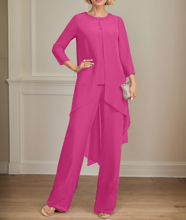 Separates Jumpsuit/Pantsuit Scoop Floor-Length Chiffon Mother of the Bride Dress With Sequins Beading