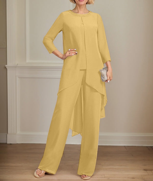 Separates Jumpsuit/Pantsuit Scoop Floor-Length Chiffon Mother of the Bride Dress With Sequins Beading