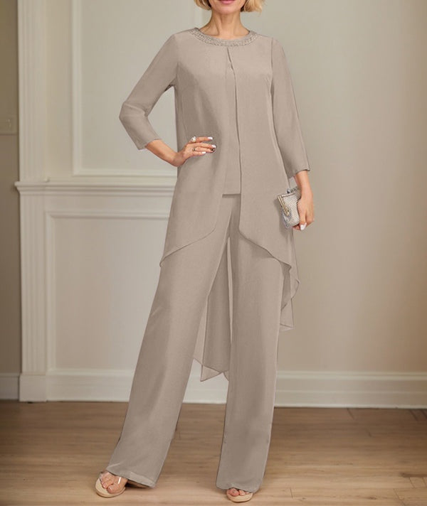 Separates Jumpsuit/Pantsuit Scoop Floor-Length Chiffon Mother of the Bride Dress With Sequins Beading