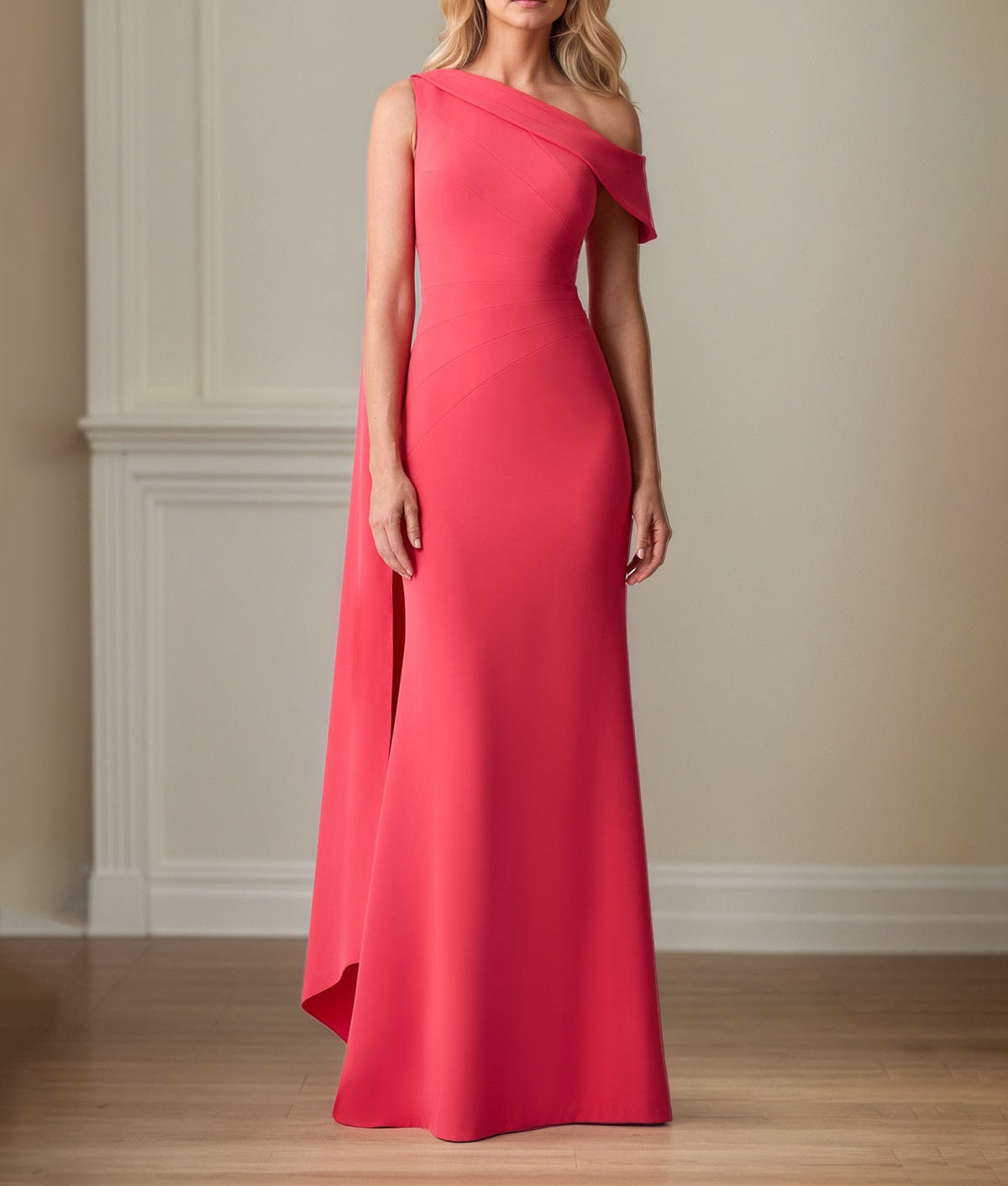 Coral Stretch Crepe Sheath/Column One Shoulder Floor Length Mother of the Bride Dresses