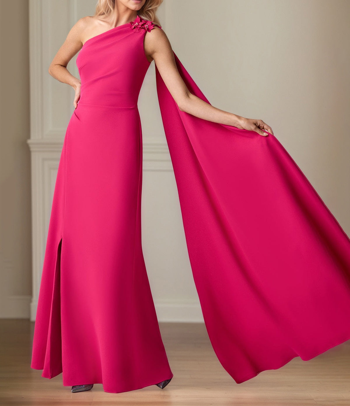 Lipstick Stretch Crepe Sheath/Column One Shoulder Floor Length Mother of the Bride Dresses