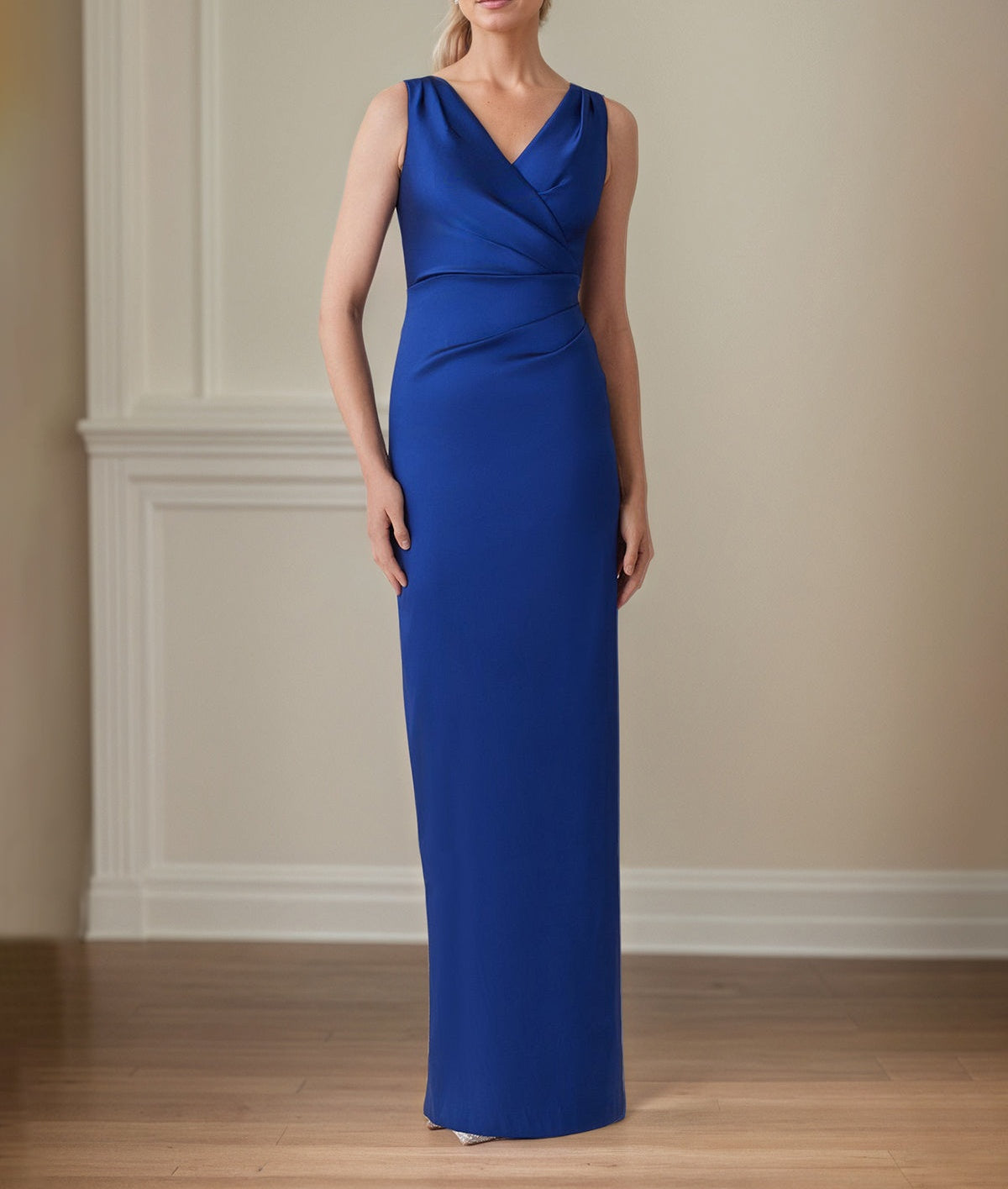 Sapphire Satin Sheath/Column V Neck Floor Length Mother of the Bride Dresses