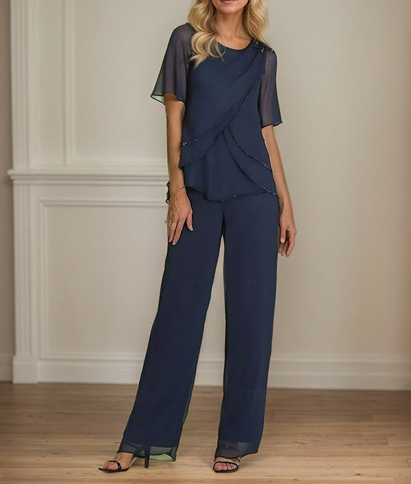 2 Piece Jumpsuit / Pantsuit Crew Neck Floor Length Chiffon Mother of the Bride Dress