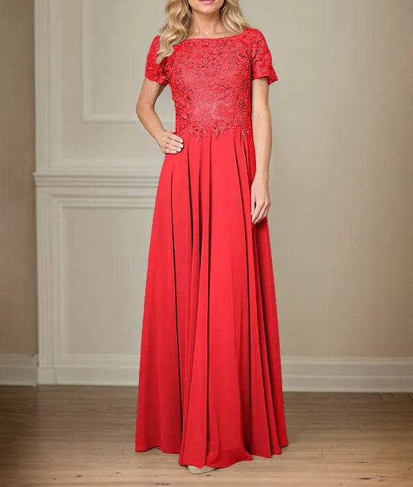 A Line Chiffon Boat Neck Short Sleeves Floor Length Pleated Mother of the Bride Dresses