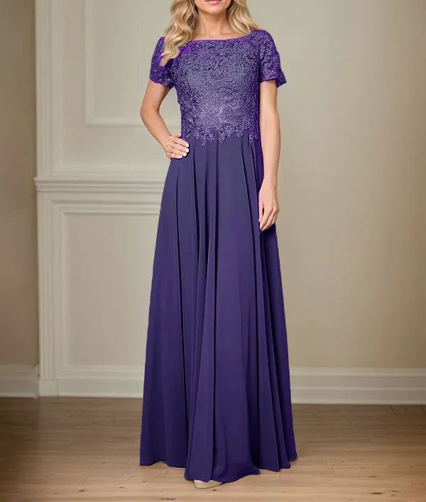 A Line Chiffon Boat Neck Short Sleeves Floor Length Pleated Mother of the Bride Dresses