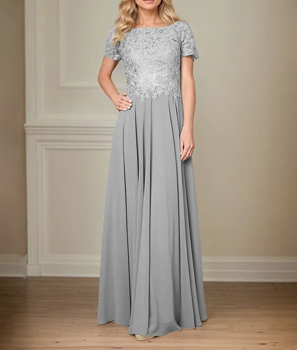 A Line Chiffon Boat Neck Short Sleeves Floor Length Pleated Mother of the Bride Dresses