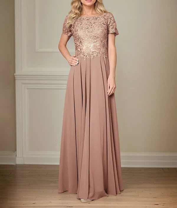 A Line Chiffon Boat Neck Short Sleeves Floor Length Pleated Mother of the Bride Dresses