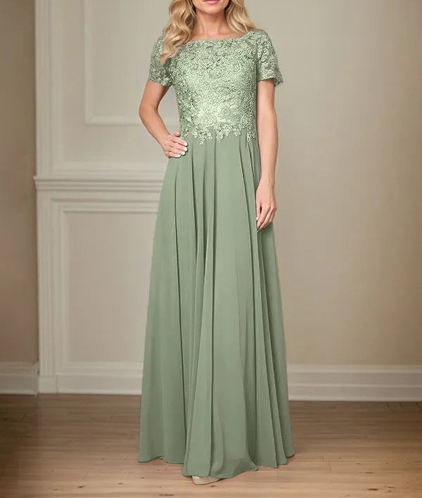 A Line Chiffon Boat Neck Short Sleeves Floor Length Pleated Mother of the Bride Dresses