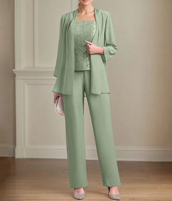 Chiffon Square Neck Sleeveless Floor Length Mother of the Bride Pantsuits