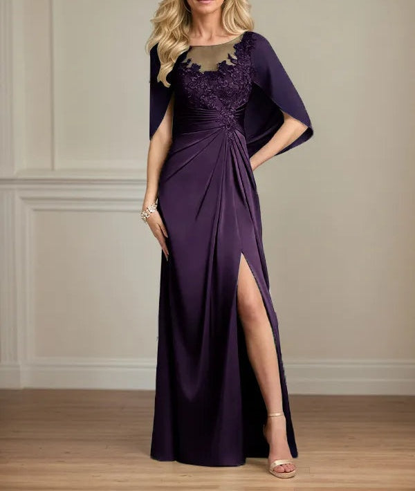 Sheath/Column Satin Scoop Neck Cap Sleeves Floor Length Mother Of The Bride Dresses
