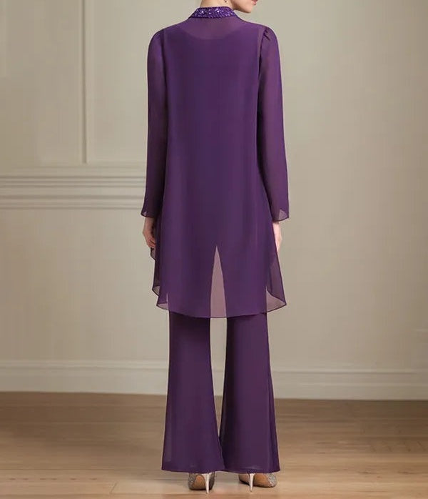 Chiffon Scoop Neck Long Sleeves Floor Length Mother Of The Bride Pantsuits