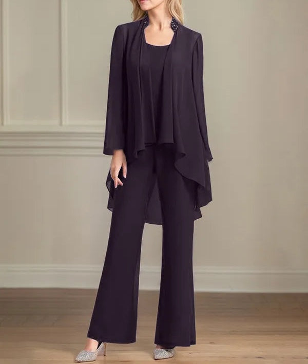 Chiffon Scoop Neck Long Sleeves Floor Length Mother Of The Bride Pantsuits