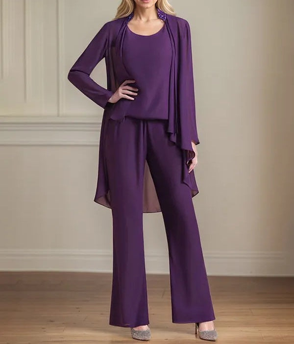 Chiffon Scoop Neck Long Sleeves Floor Length Mother Of The Bride Pantsuits