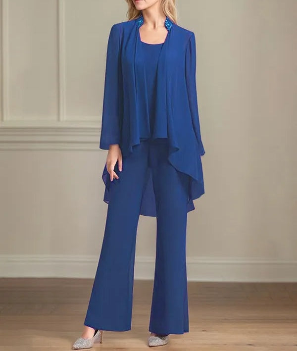 Chiffon Scoop Neck Long Sleeves Floor Length Mother Of The Bride Pantsuits