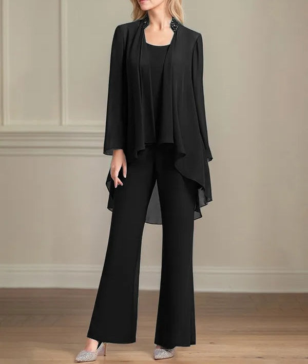 Chiffon Scoop Neck Long Sleeves Floor Length Mother Of The Bride Pantsuits