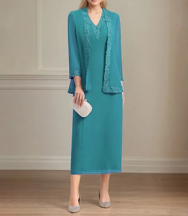 Sheath/Column Chiffon V Neck 3/4 Sleeves Tea Length Mother Of The Bride Dress