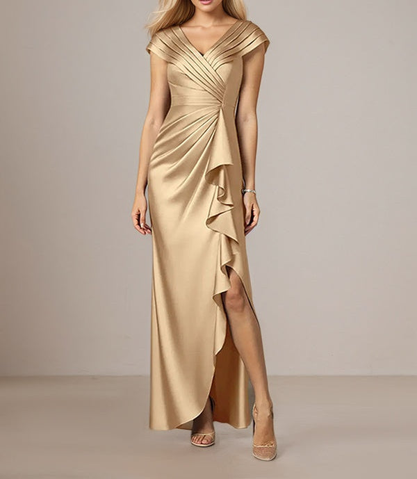 Champagne A-Line Satin V Neck Asymmetrical Mother of the Bride Dress