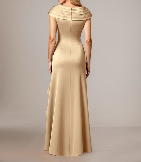 Champagne A-Line Satin V Neck Asymmetrical Mother of the Bride Dress