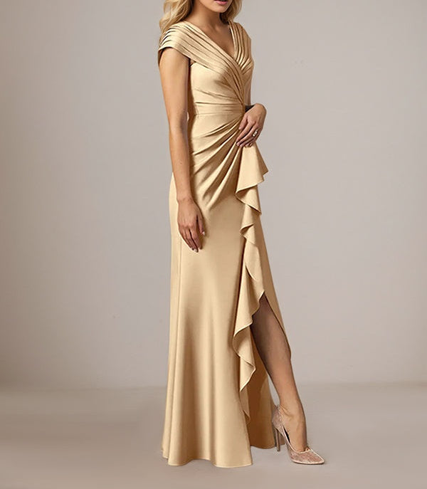Champagne A-Line Satin V Neck Asymmetrical Mother of the Bride Dress