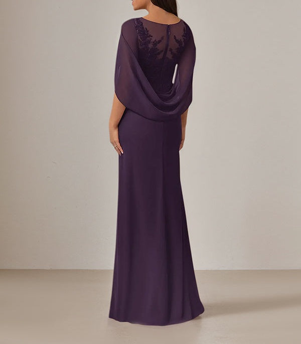 Plum Sheath/Column Chiffon Boat Neck Floor Length Mother of the Bride Dress