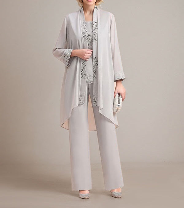 Elegant Sleeveless Appliques Silver Chiffon Mother of Bride Jumpsuit with Wrap