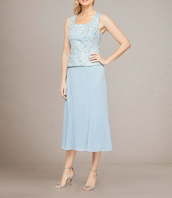 Sheath/Column Chiffon Square Neck Sleeveless Tea Length Mother of the Bride Dress