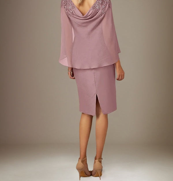 Mauve Sheath/Column Chiffon Bateau Neck Cape Sleeves Knee Length Dress