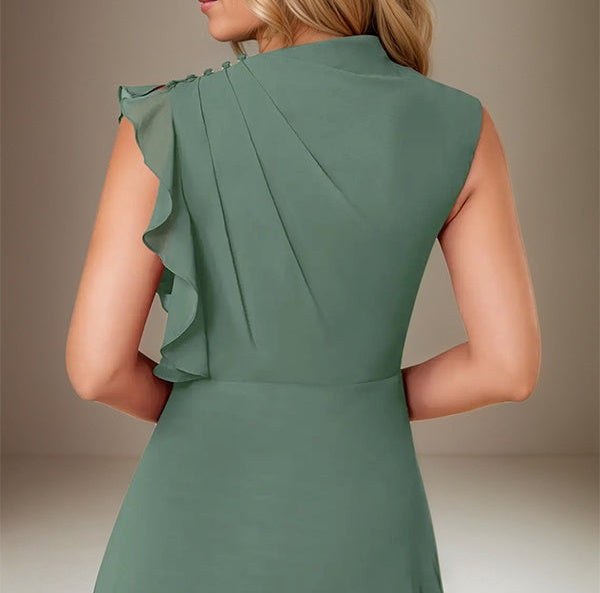 Eucalyptus A Line Chiffon High Neck Sleeveless Floor Length Dress With Cascading Ruffles