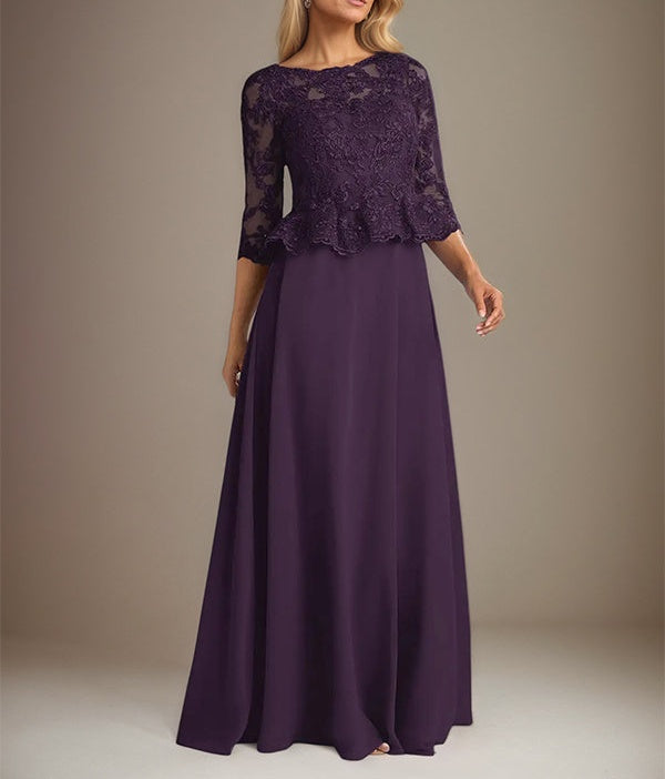 Plum A Line Chiffon Boat neck 3/4 Sleeves Floor Length Dress With Appliques