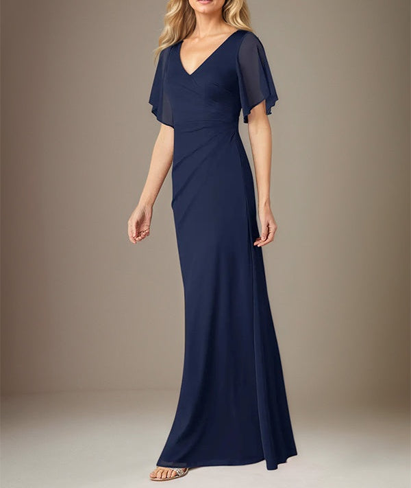 Dark Navy Sheath/Column Chiffon V Neck Floor Length Dress With Flutter Sleeves
