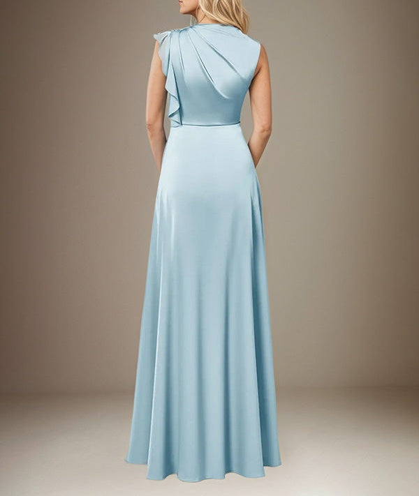 Sky Blue A Line Satin High Neck Sleeveless Floor Length Dress